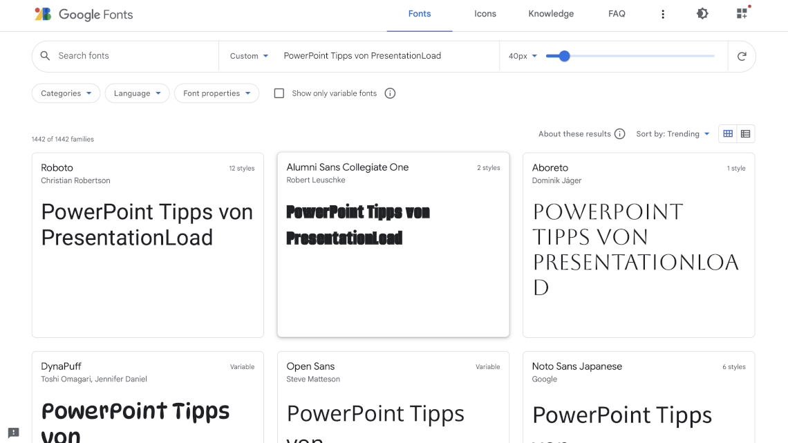 Google Fonts Schriftauswahl zum PowerPoint-Schriftart einbetten PowerPoint