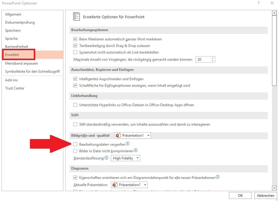PowerPoint-Dateigröße optimieren: 5 Tipps zum Verkleinern Ihrer Dateien! 3 Dateigröße optimieren Erweitert